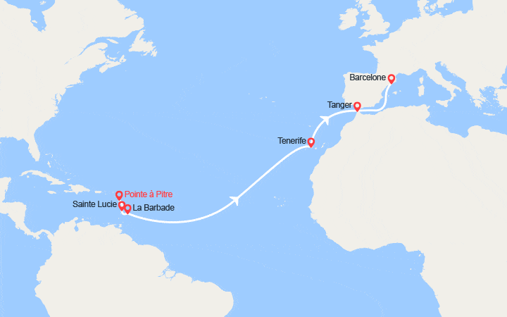 Carte itinéraire croisière Transatlantique : Antilles, Canaries, Maroc, Espagne