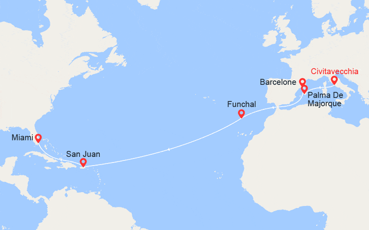 Carte itinéraire croisière Transatlantique : d'Italie à la Floride