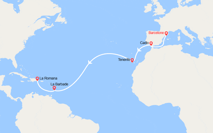 Carte itinéraire croisière Transatlantique : de Barcelone à La Romana