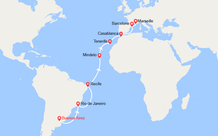 Carte itinéraire croisière Transatlantique : de Buenos Aires à Marseille