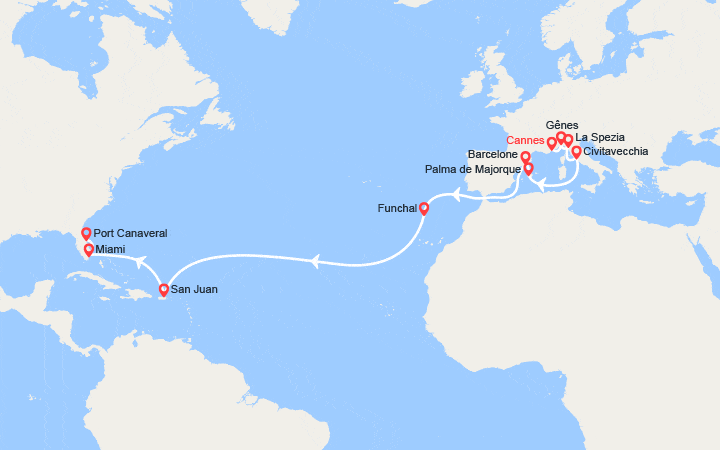 Carte itinéraire croisière Transatlantique : de Cannes à Port Canaveral