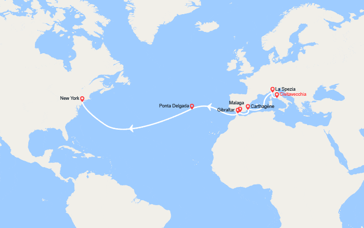 Carte itinéraire croisière Transatlantique : De Civitavecchia à Cap Liberty