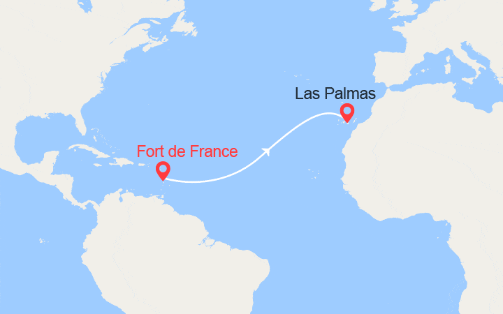 Carte itinéraire croisière Transatlantique : de Fort de France à Las Palmas