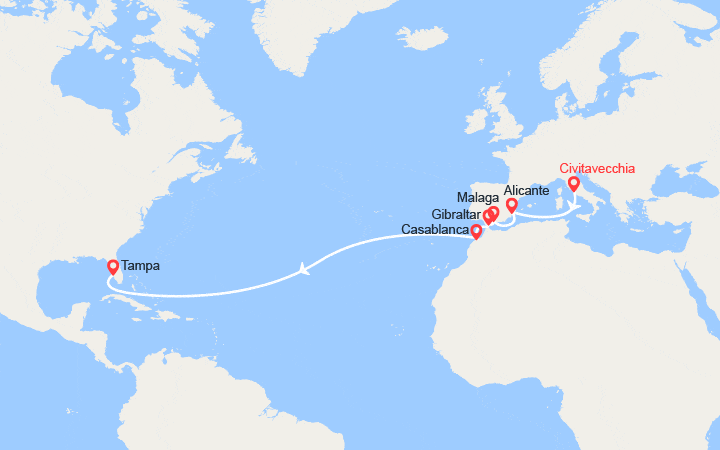 Carte itinéraire croisière Transatlantique : de l'Italie à la Floride