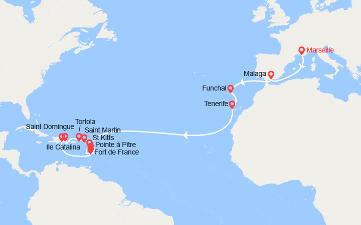 Carte itinéraire croisière Transatlantique : de Marseille à Fort-de-France