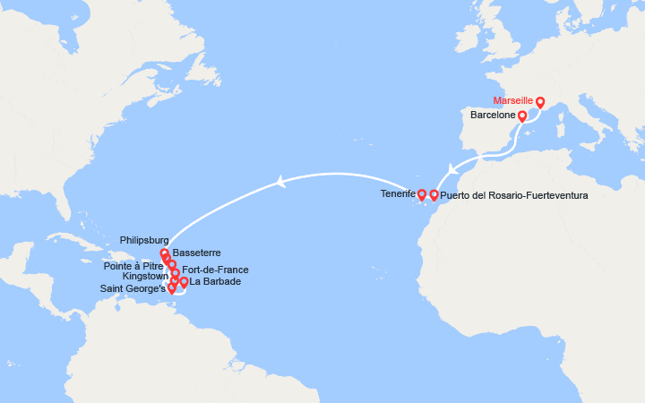 Carte itinéraire croisière Transatlantique : de Marseille à la Guadeloupe