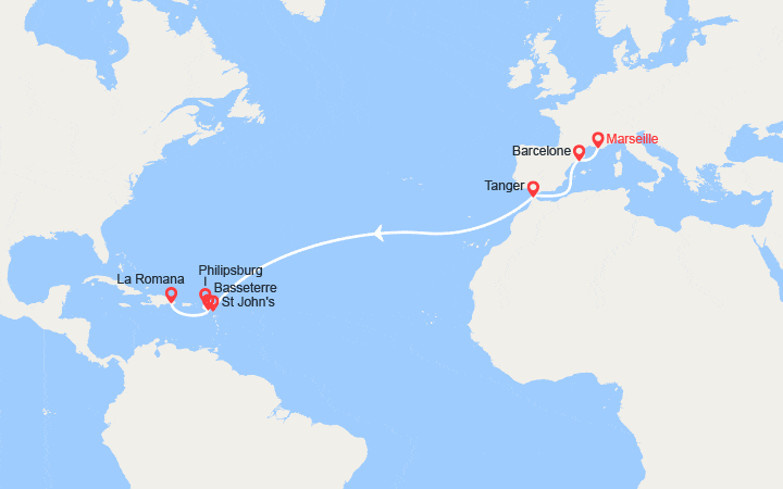 Carte itinéraire croisière Transatlantique : de Marseille à La Romana