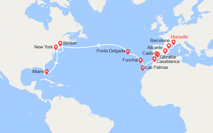 Carte itinéraire croisière Transatlantique : de Marseille à Miami