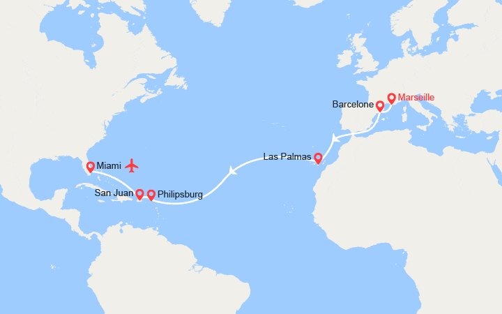 Carte itinéraire croisière Transatlantique : de Marseille à Miami | Vol retour inclus