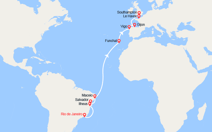 Carte itinéraire croisière Transatlantique : du Brésil en France