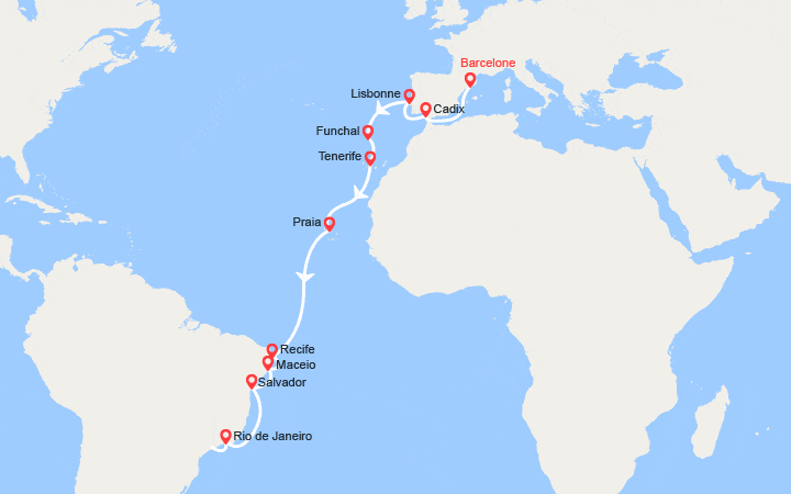 Carte itinéraire croisière Transatlantique : Espagne, Portugal, Madère, Canaries, Brésil