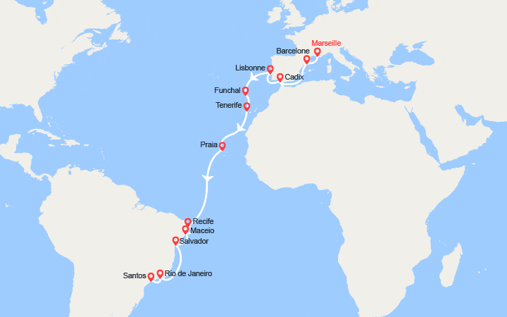 Carte itinéraire croisière Transatlantique : France, Espagne, Portugal, Madère, Canaries, Brésil