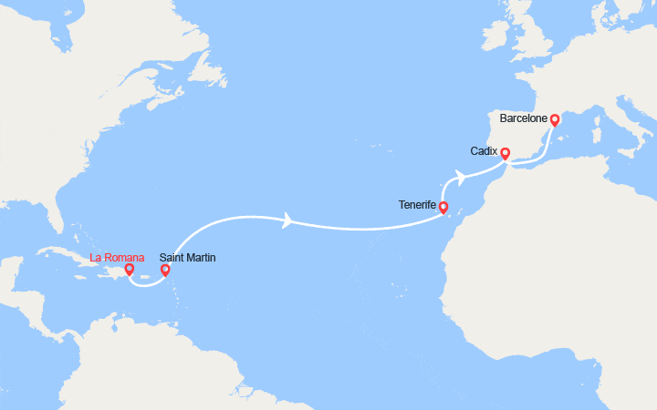 Carte itinéraire croisière Transatlantique : Rép. Dominicaine, Antilles, Canaries, Espagne