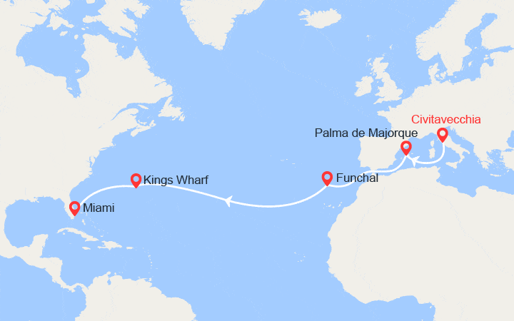 Carte itinéraire croisière Traversée Atlantique : du Civitavecchia à Miami