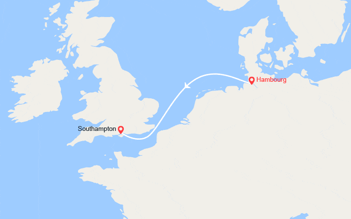 Carte itinéraire croisière Traversée de Hambourg à Southampton
