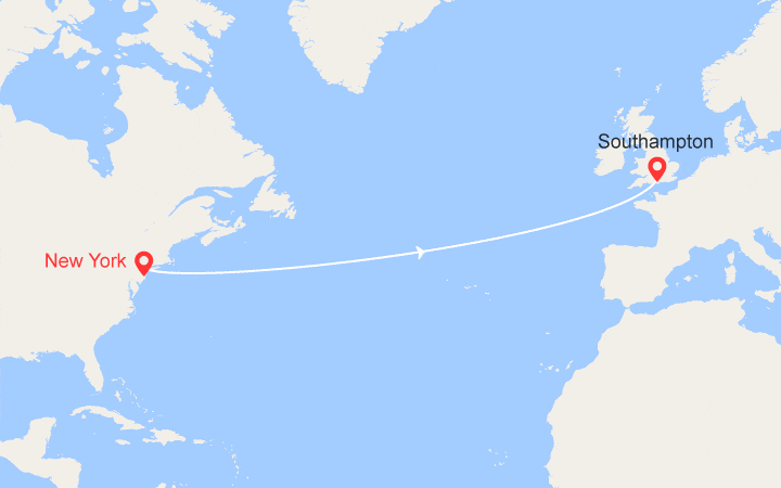 Carte itinéraire croisière Traversée transatlantique de New York à Southampton