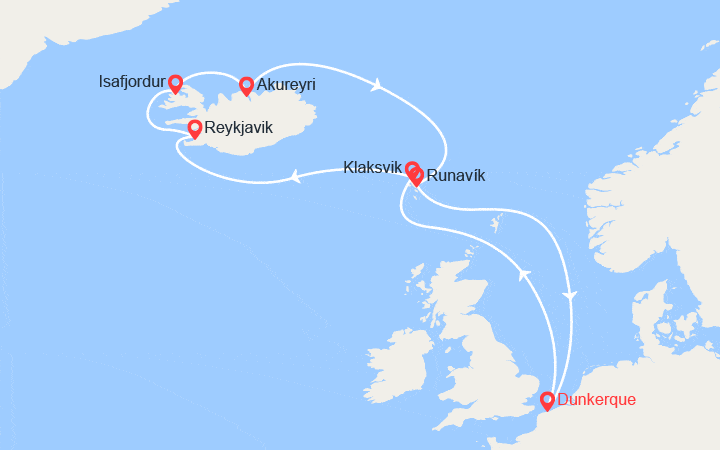 Carte itinéraire croisière Trésors d'Islande et des Îles Féroé