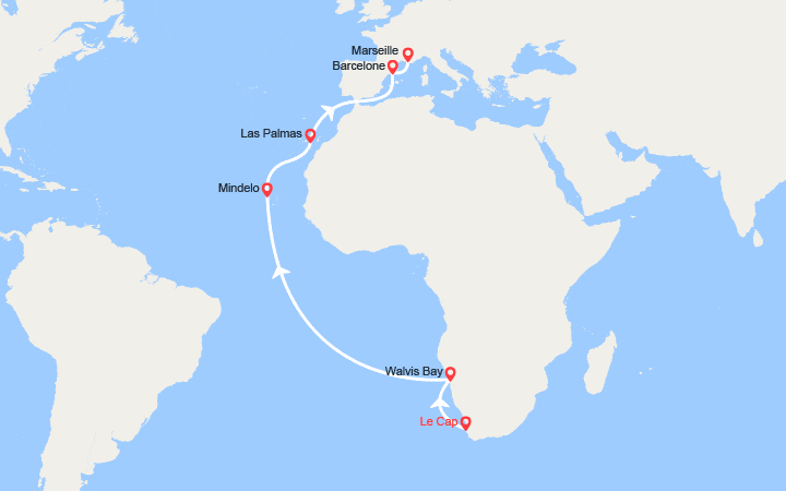 Carte itinéraire croisière Tronçon du Tour du Monde 2026 : du Cap à Marseille
