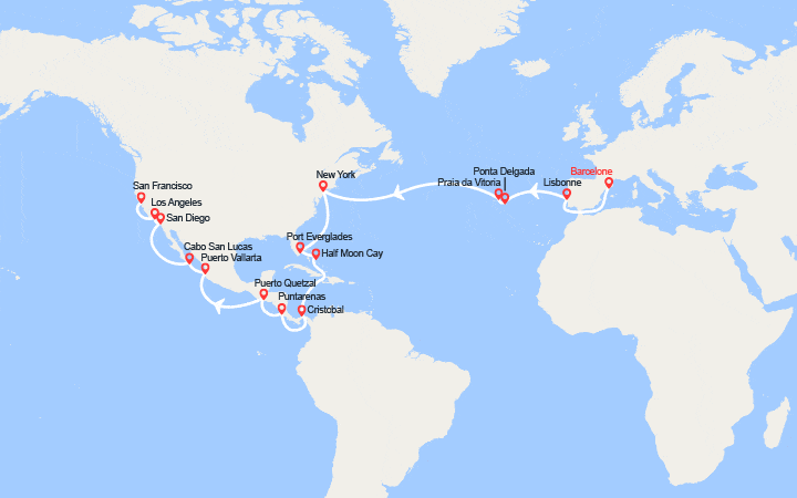 Carte itinéraire croisière Tronçon du Tour du monde 2027 : de Barcelone à San Francisco