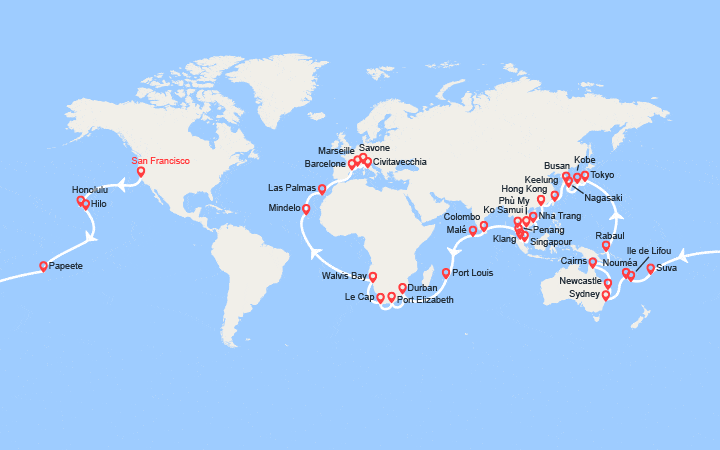 Carte itinéraire croisière Tronçon du Tour du Monde 2027 : de San Francisco à Civitavecchia