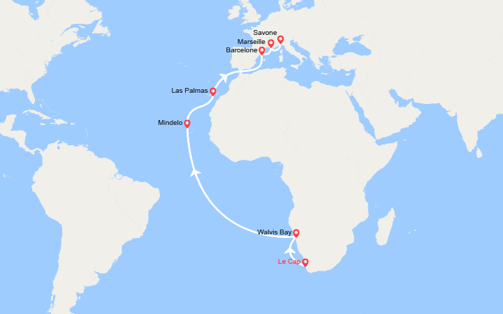 Carte itinéraire croisière Tronçon du Tour du Monde 2027 : du Cap à Savone