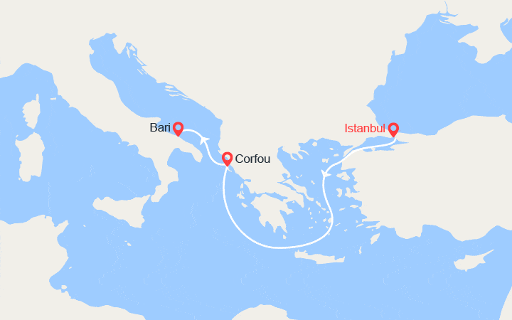 Carte itinéraire croisière Turquie, Grèce, Italie