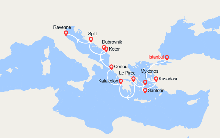 Carte itinéraire croisière Turquie, Îles Grecques, Croatie, Monténégro, Italie