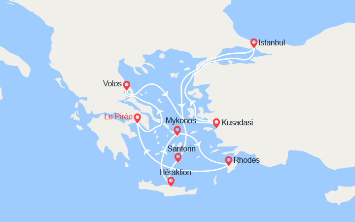 Carte itinéraire croisière Turquie & Iles grecques : Volos, Istanbul, Santorin, Crète...