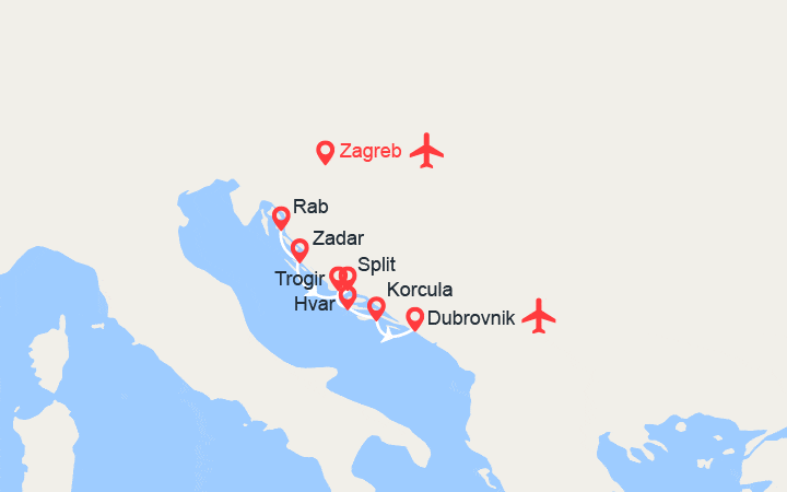Carte itinéraire croisière Yachting en Croatie de Zagreb à Dubrovnik